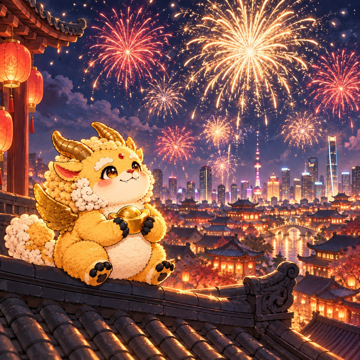 Pixiu watching fireworks